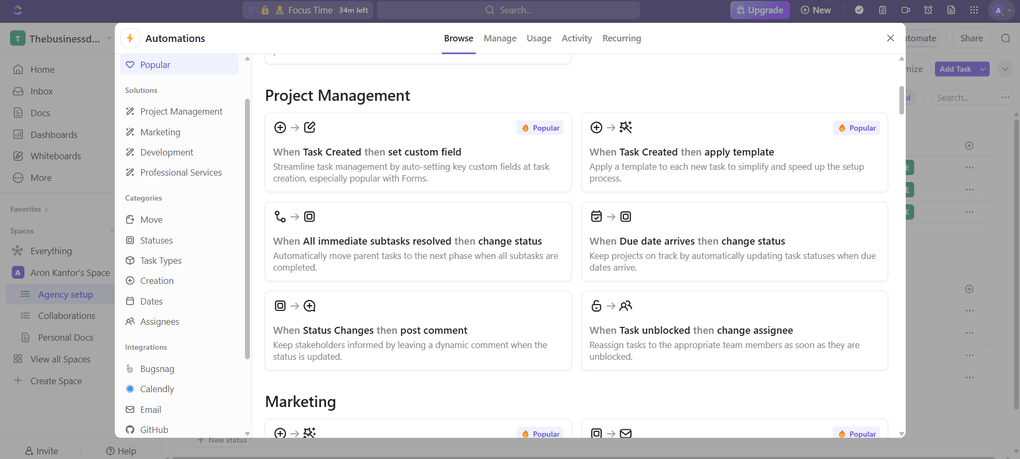 clickup's templates for automation