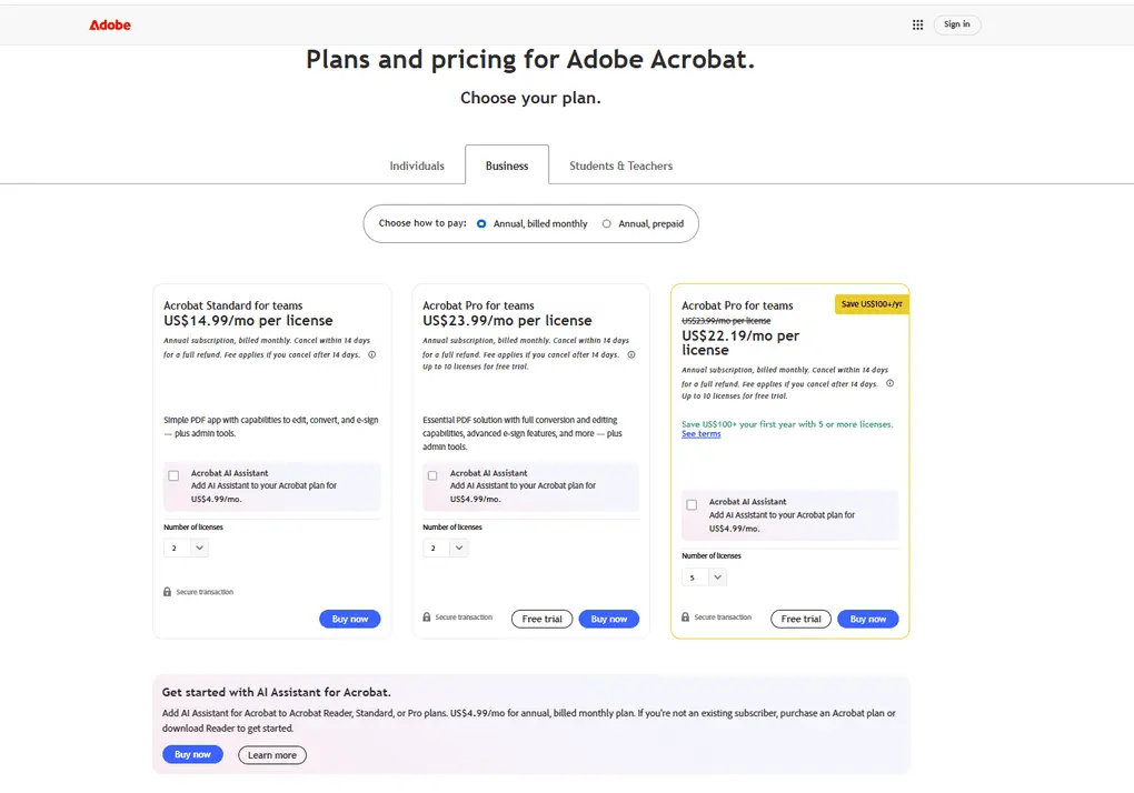 Adobe Acrobat Pricing plans for teams