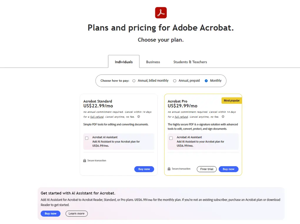 Adobe Acrobat annual billed monthly plans for individuals