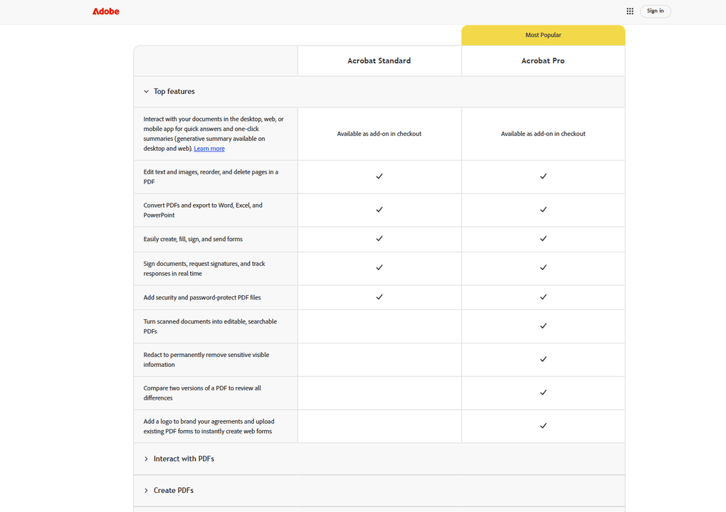 Adobe Acrobat plans and pricing