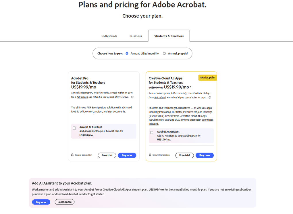Adobe Acrobat's discounts for students and teachers