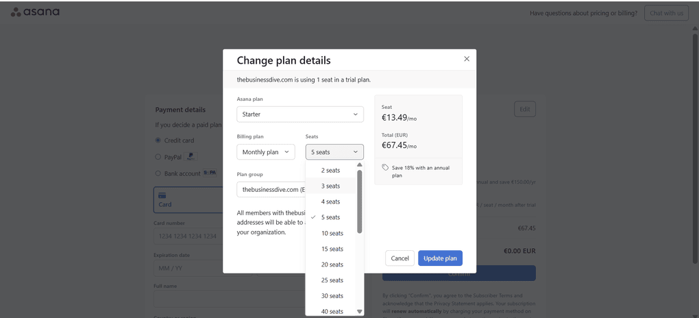 Asana pricing - Starter plan