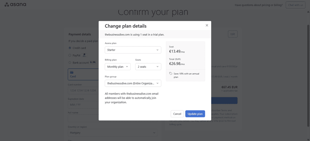 Asana starter plan yearly cost