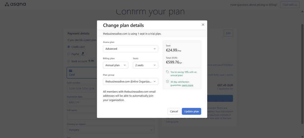 Asana's advanced plan
