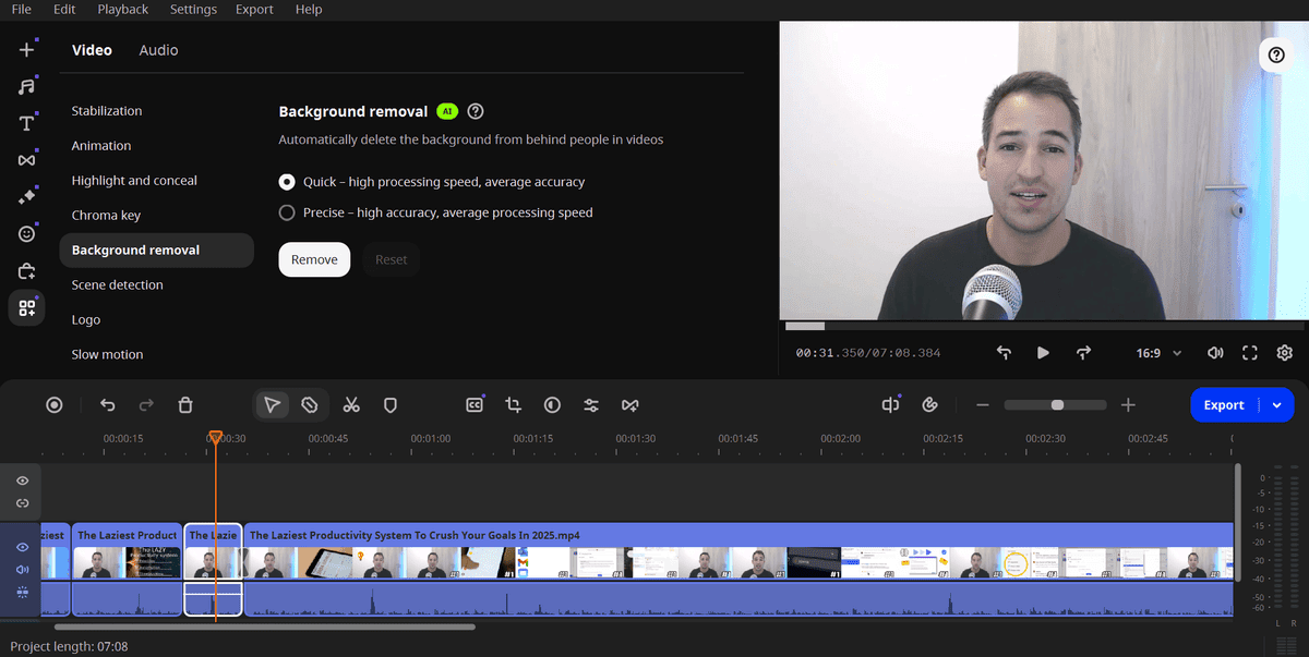 Movavi AI background removal