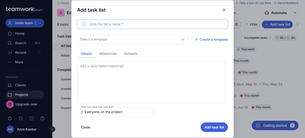 Add task lists with Teamwork.com