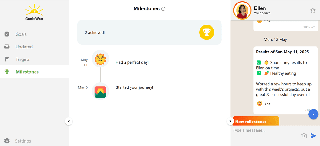 Goalswon's milestones feature test