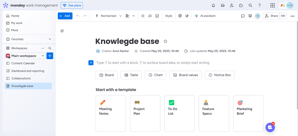 Monday.com's docs feature