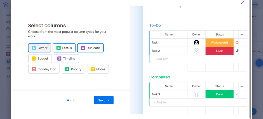 Monday.com's project setup