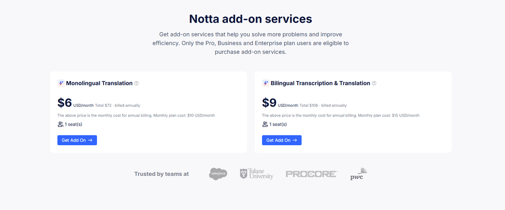 Notta's add-on services