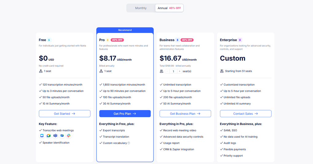 Notta's pricing plans