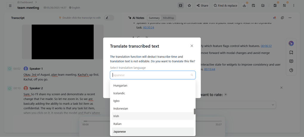 Notta's translation feature