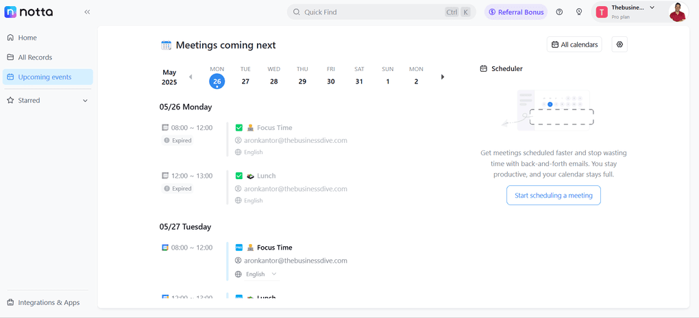 Notta's user interface