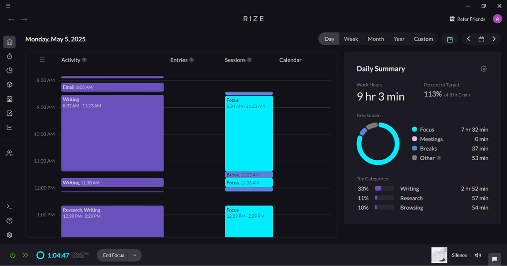 Rize's automatic time tracking tool