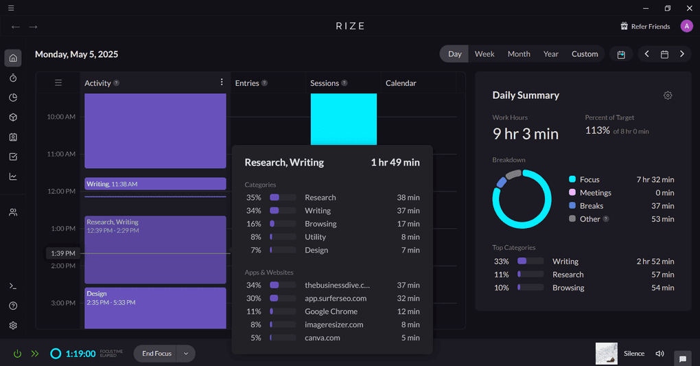 Rize's customizable categories