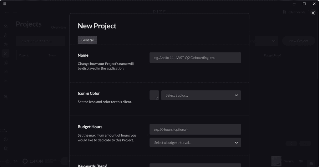 Rize's tasks and projects feature