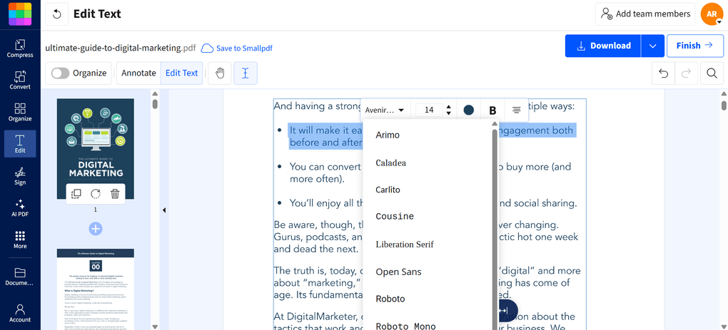 Smallpdf text editing