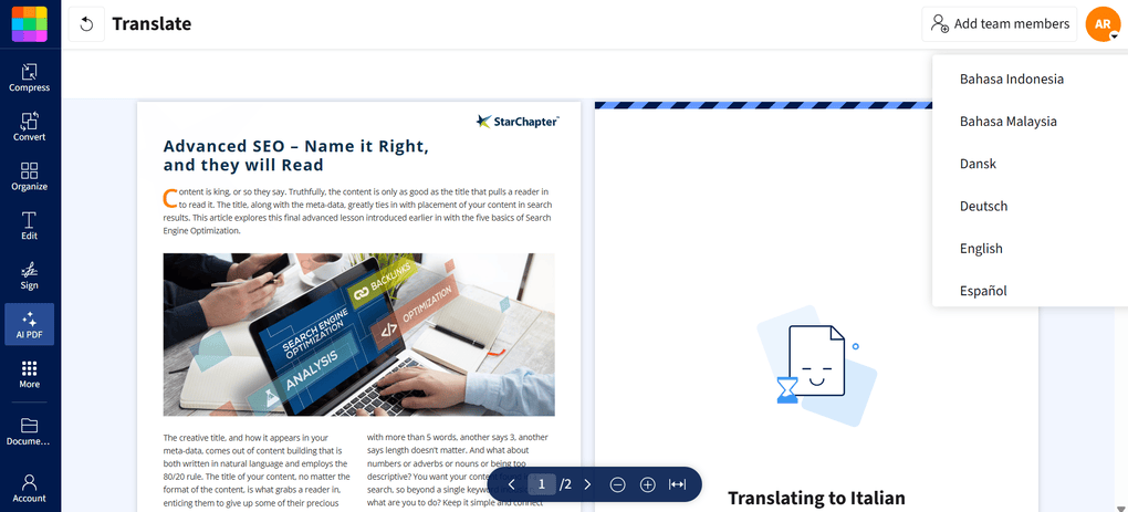 Smallpdf translation feature