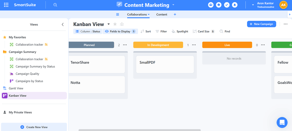 SmartSuite Kanban board feature