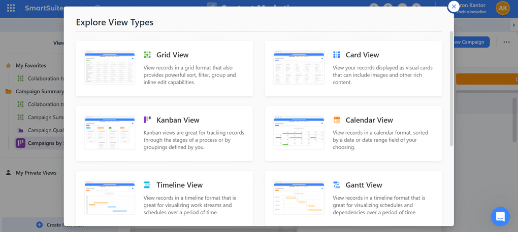SmartSuite project views (gantt charts, kanban boards, etc.)
