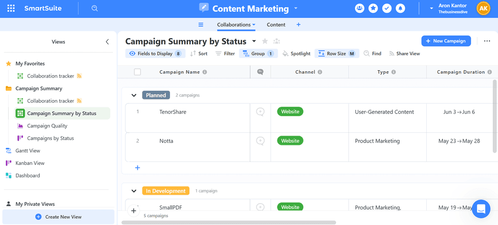 SmartSuite's user interface