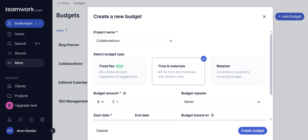 Teamwork.com is a budgeting tool as well