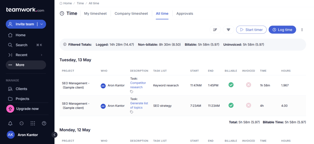 Teamwork.com's built-in time tracker