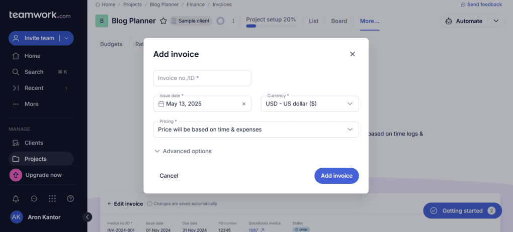 Teamwork.com's invoice feature