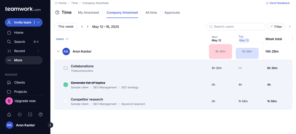 Teamwork.com's timesheet feature