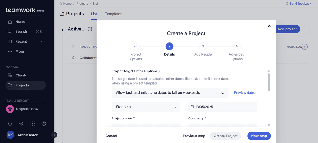 You can create projects with Teamwork
