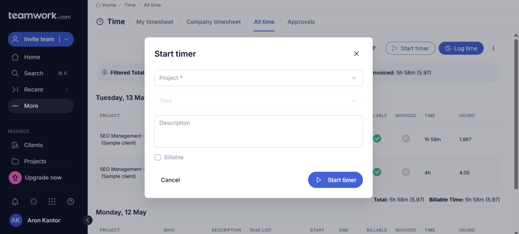 You can track time with Teamwork.com
