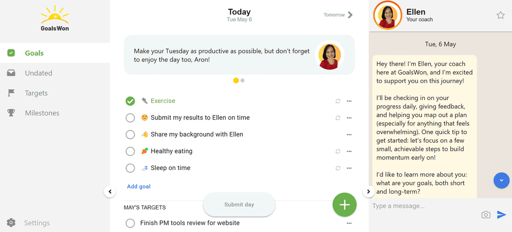 You chat with a human coach in GoalsWon