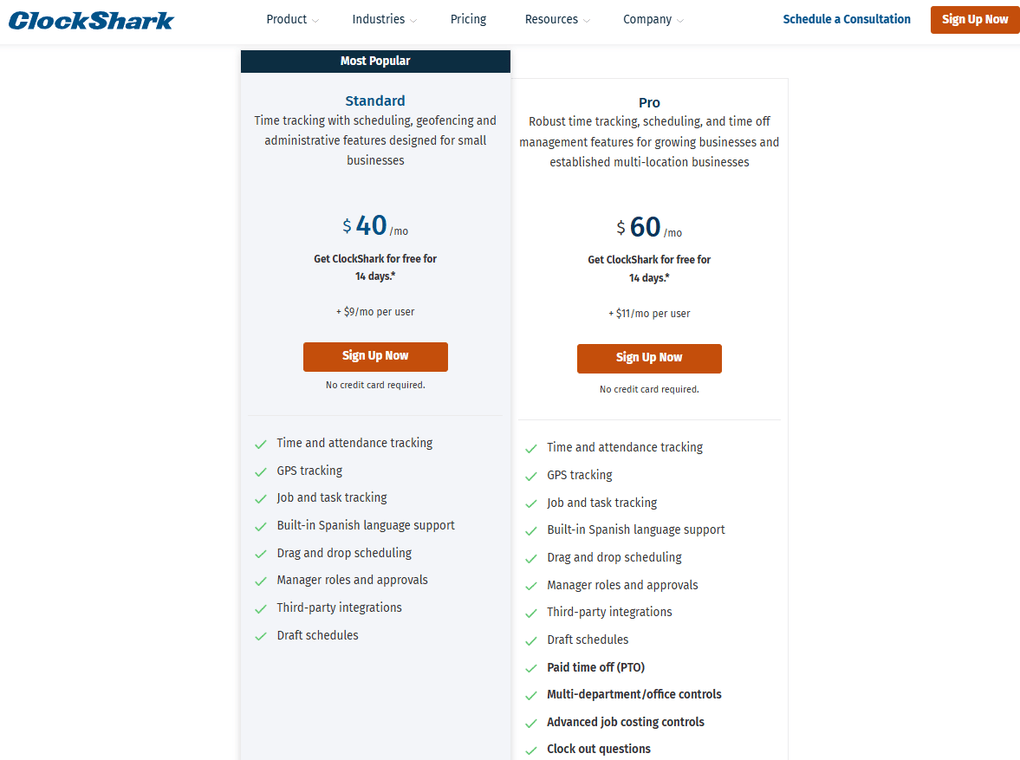 ClockShark Standard and Pro plans