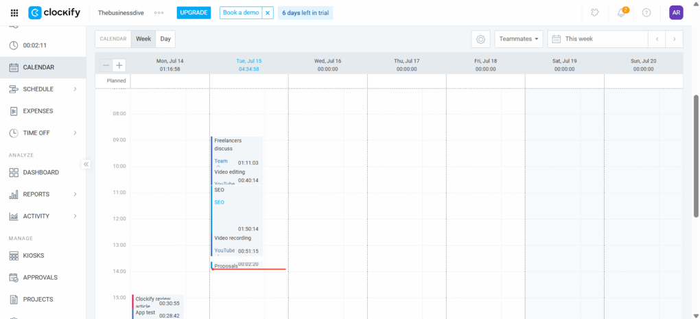 Clockify calendar feature