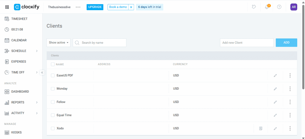 Clockify clients feature