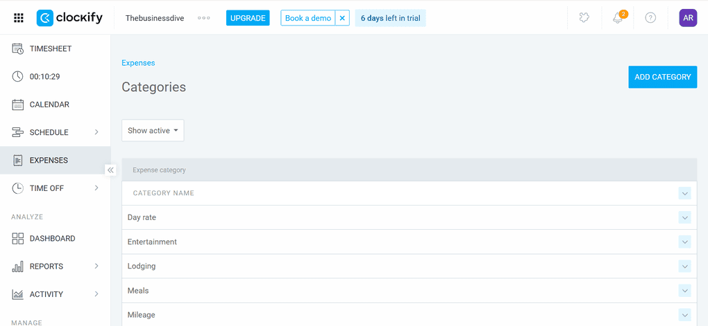 Clockify expense management features