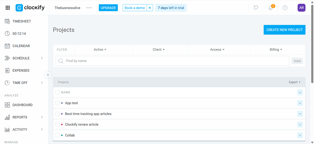 Clockify project management features