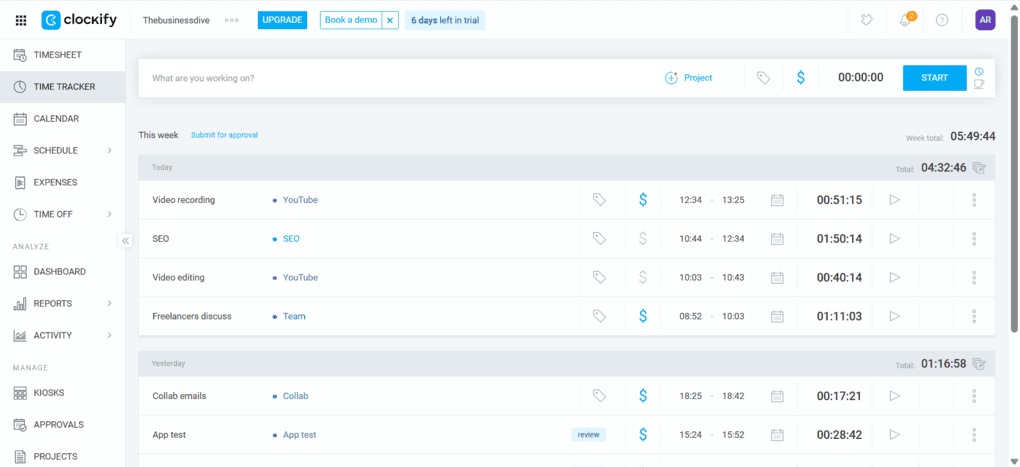 Clockify time tracking features