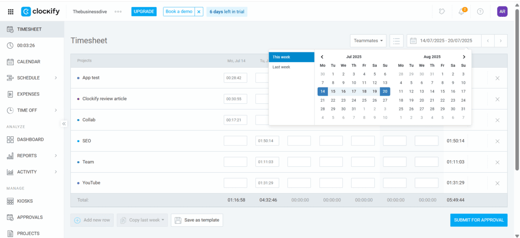 Clockify timesheet feature