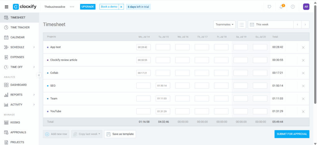Clockify user interface