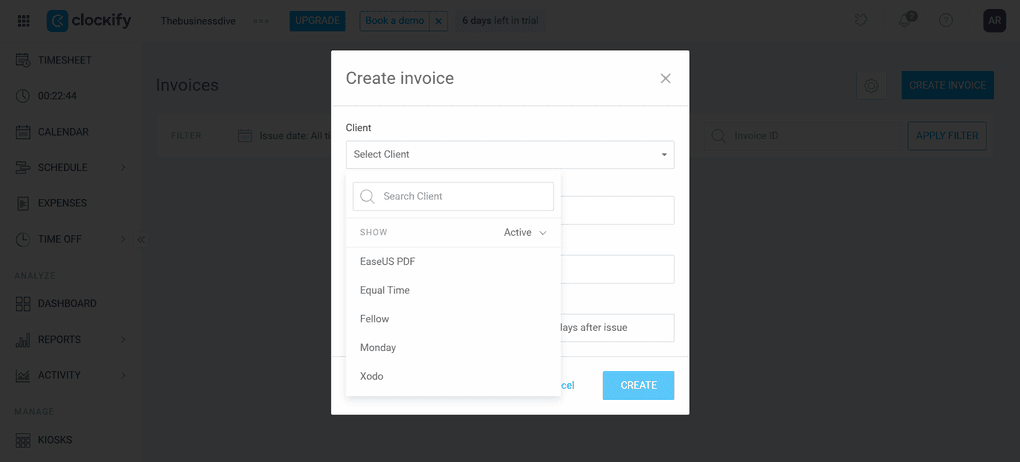 Creating invoice with clockify