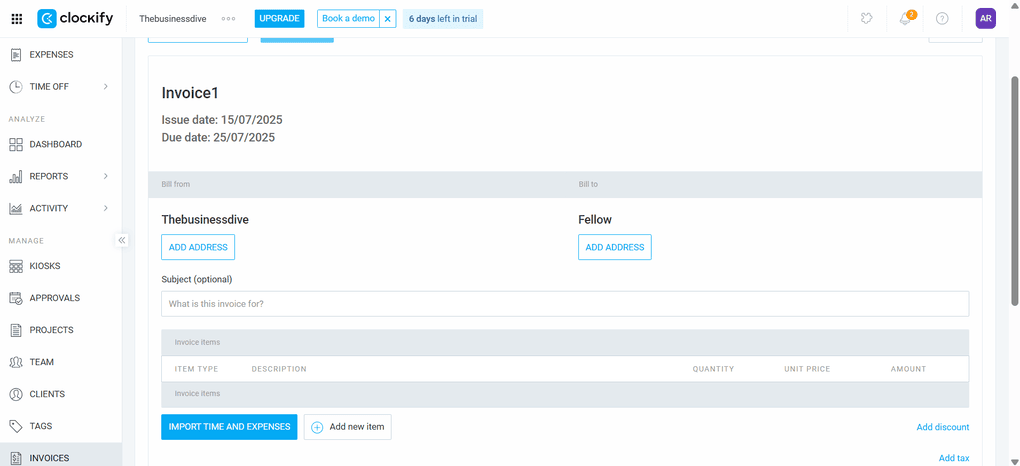 Invoice feature Clockify
