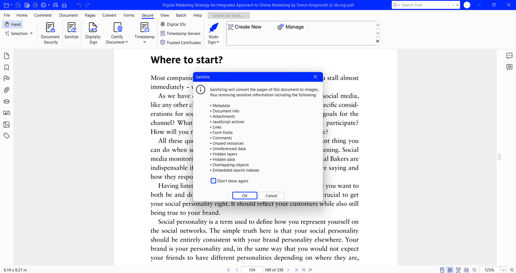 Xodo PDF editor's PDF sanitization tool