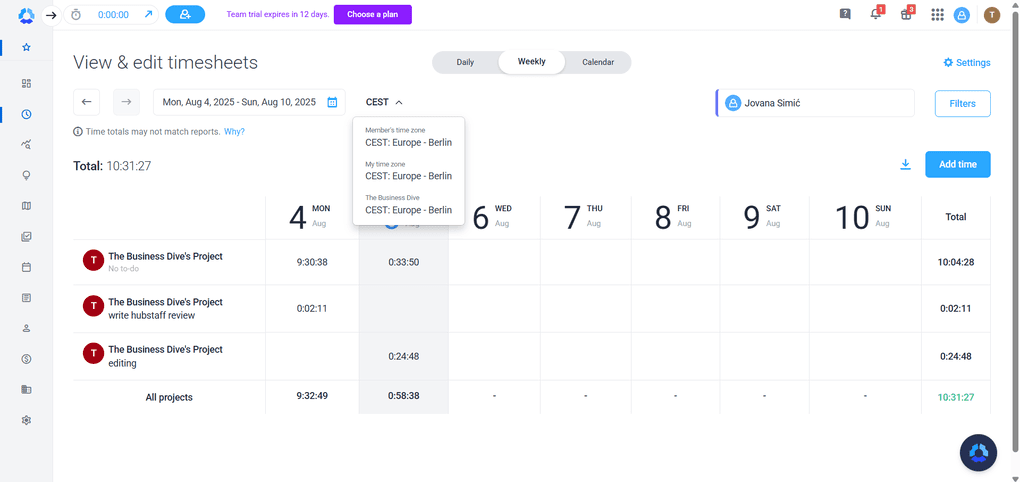 Hubstaf timesheet feature