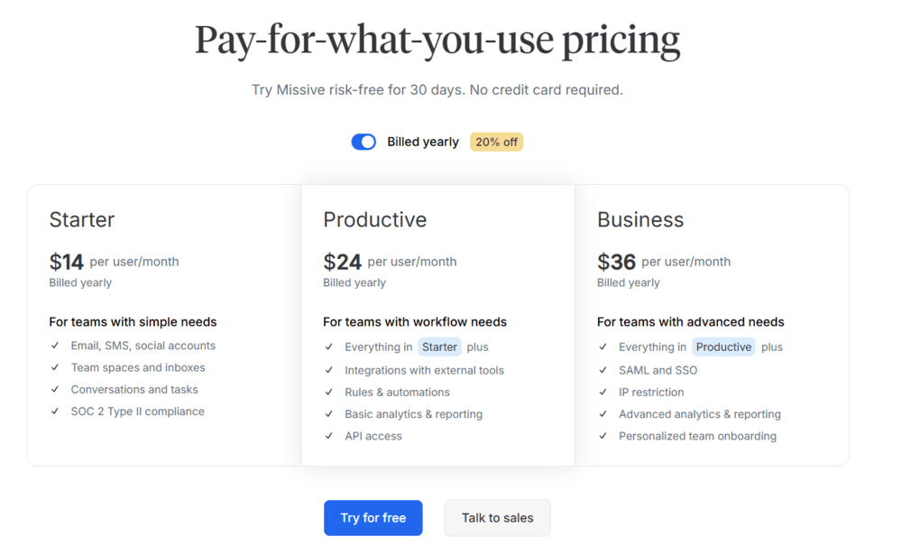 Missive pricing plans