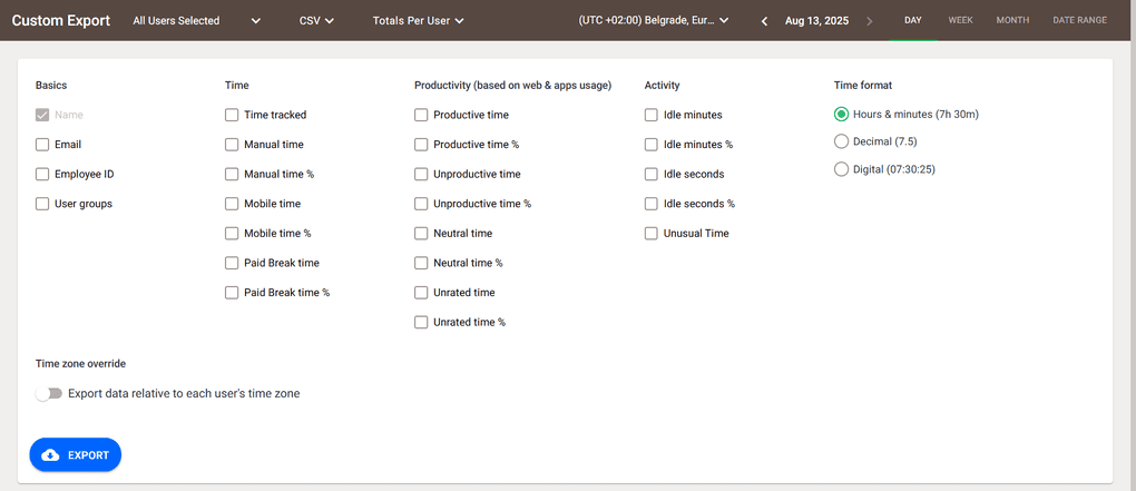 Custom export feature