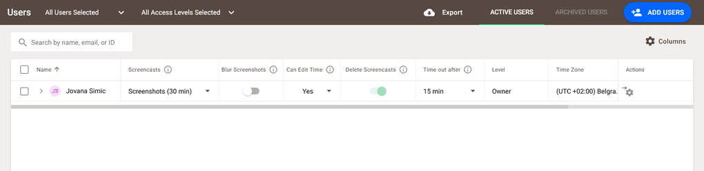 Time Doctor Users settings