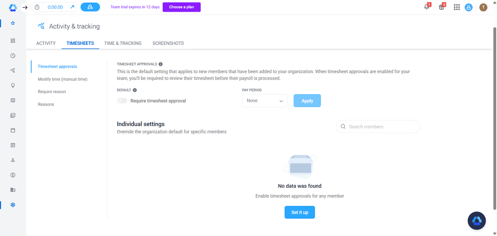 Timesheet settings I tried during Hubstaff review
