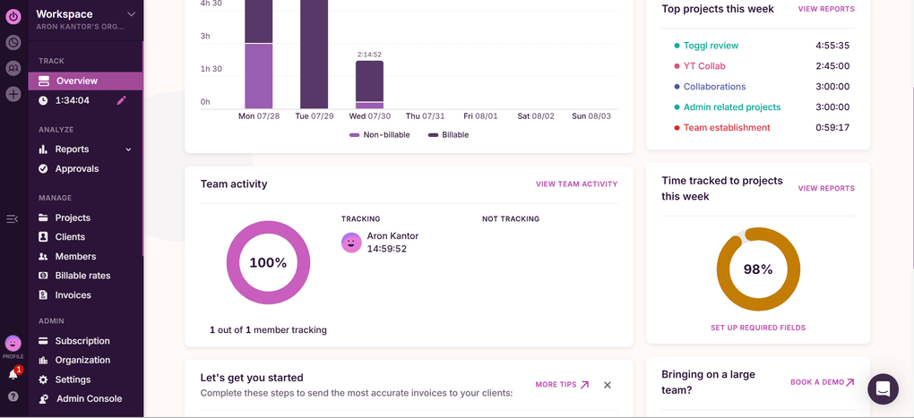 Toggl Track user interface