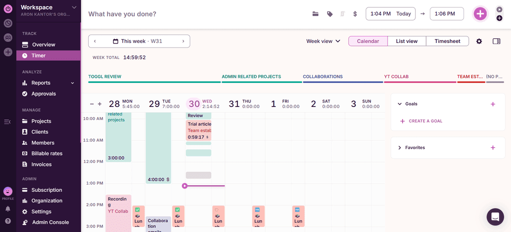 Toggl Track's calendar view